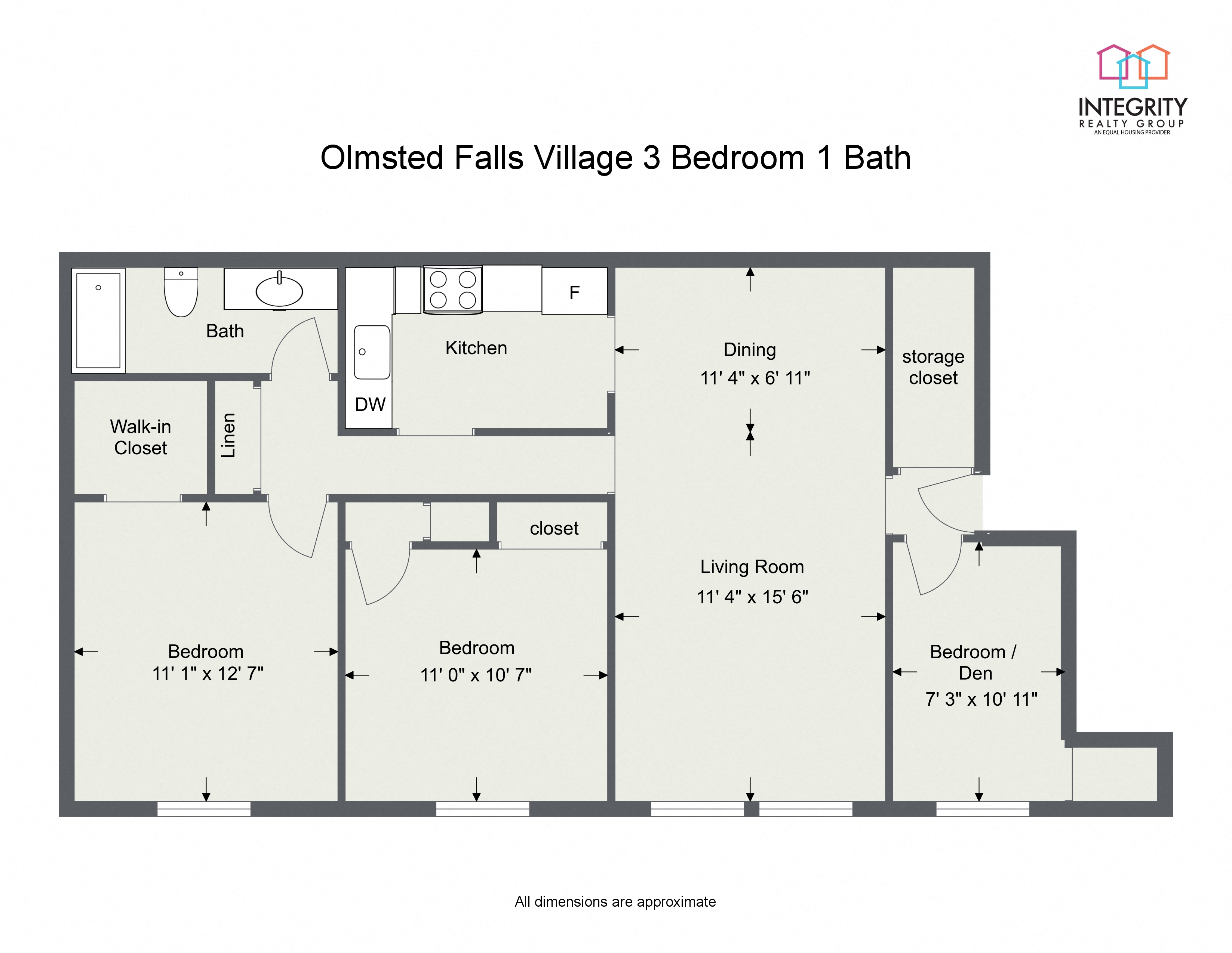 Floor plan for 3 beds, 1 bath, 1250 sqft